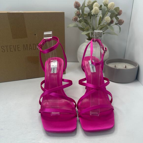 Steve Madden Brendi Strappy Satin Square Toe Heel Fuchsia Women 10 Tried On - Picture 2 of 11
